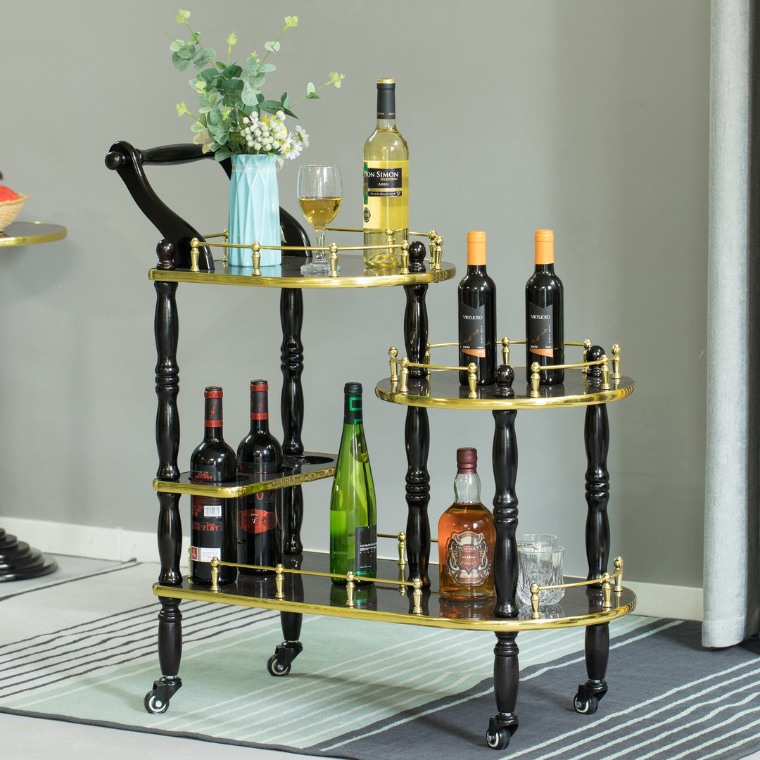 Fabulae Wood Serving Bar Cart Rolling Trolley 3 Tier Shelves Wine Holders 24x16 Image 2