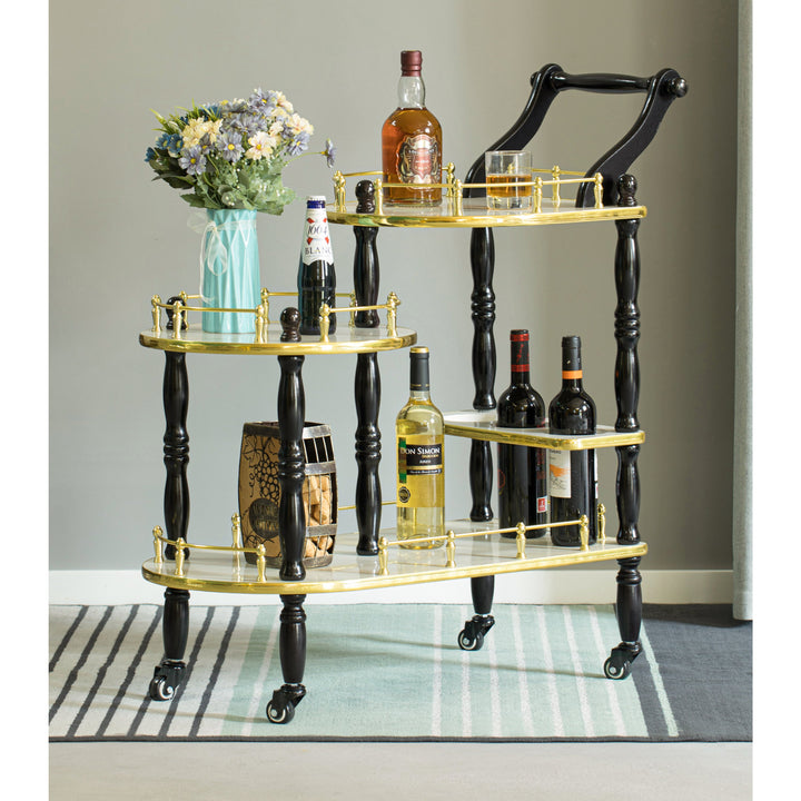 Wood Serving Bar Cart Tea Trolley with 3 Tier Shelves and Rolling Wheels Image 7
