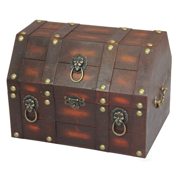 Antique Wooden Pirate Treasure Chest Distressed with Lion Rings Lockable Latch 13x9.5 Image 1