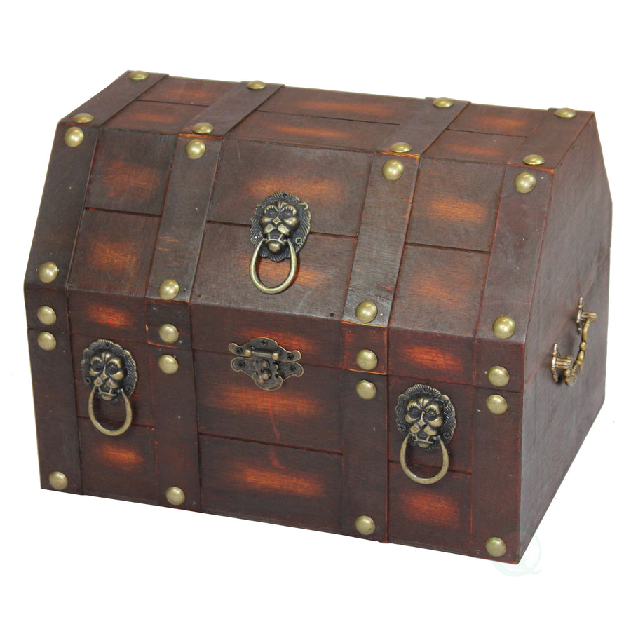 Antique Wooden Pirate Treasure Chest Distressed with Lion Rings Lockable Latch 13x9.5 Image 1