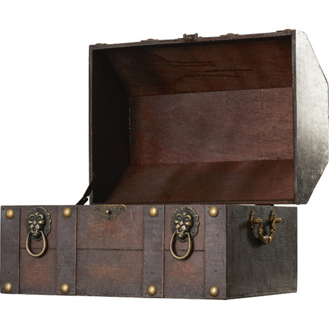 Antique Wooden Pirate Treasure Chest Distressed with Lion Rings Lockable Latch 13x9.5 Image 2