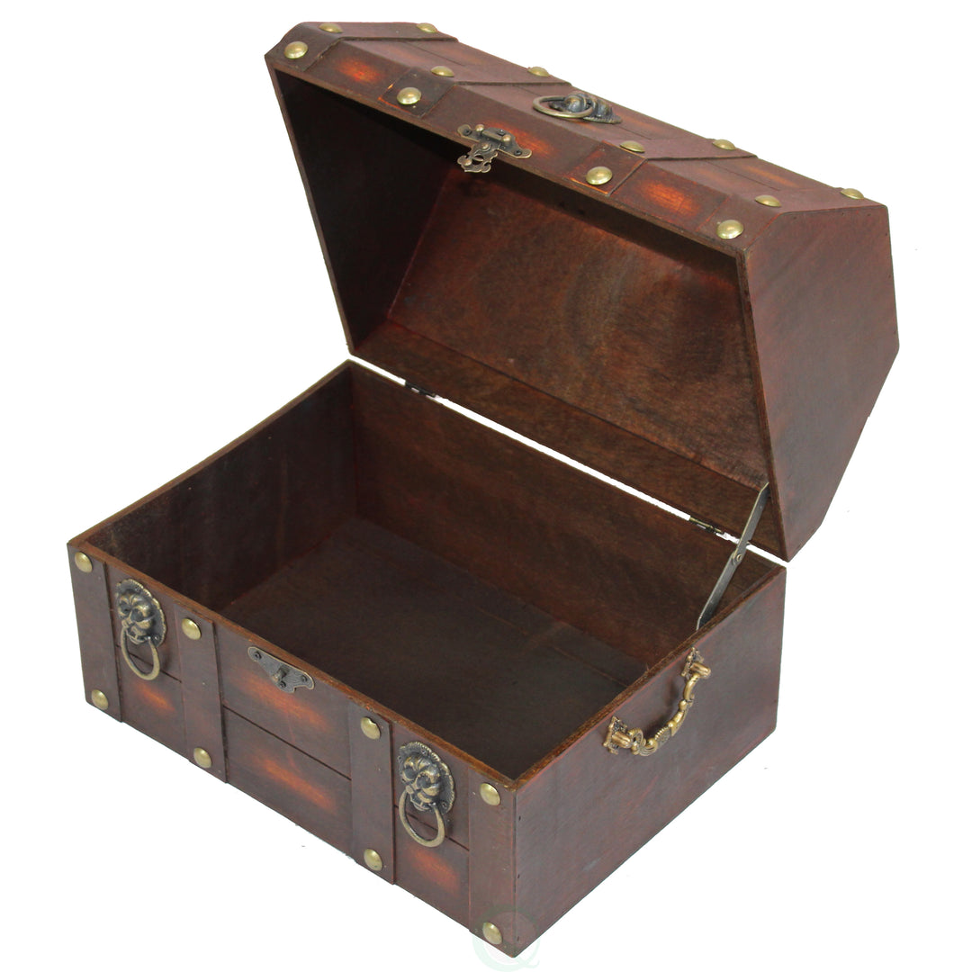 Antique Wooden Pirate Treasure Chest Distressed with Lion Rings Lockable Latch 13x9.5 Image 3