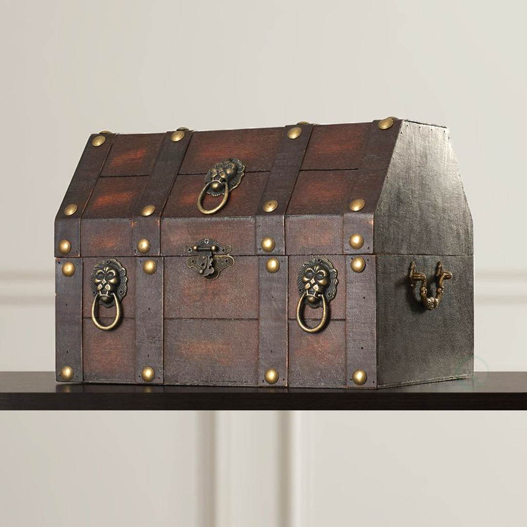 Antique Wooden Pirate Treasure Chest Distressed with Lion Rings Lockable Latch 13x9.5 Image 5