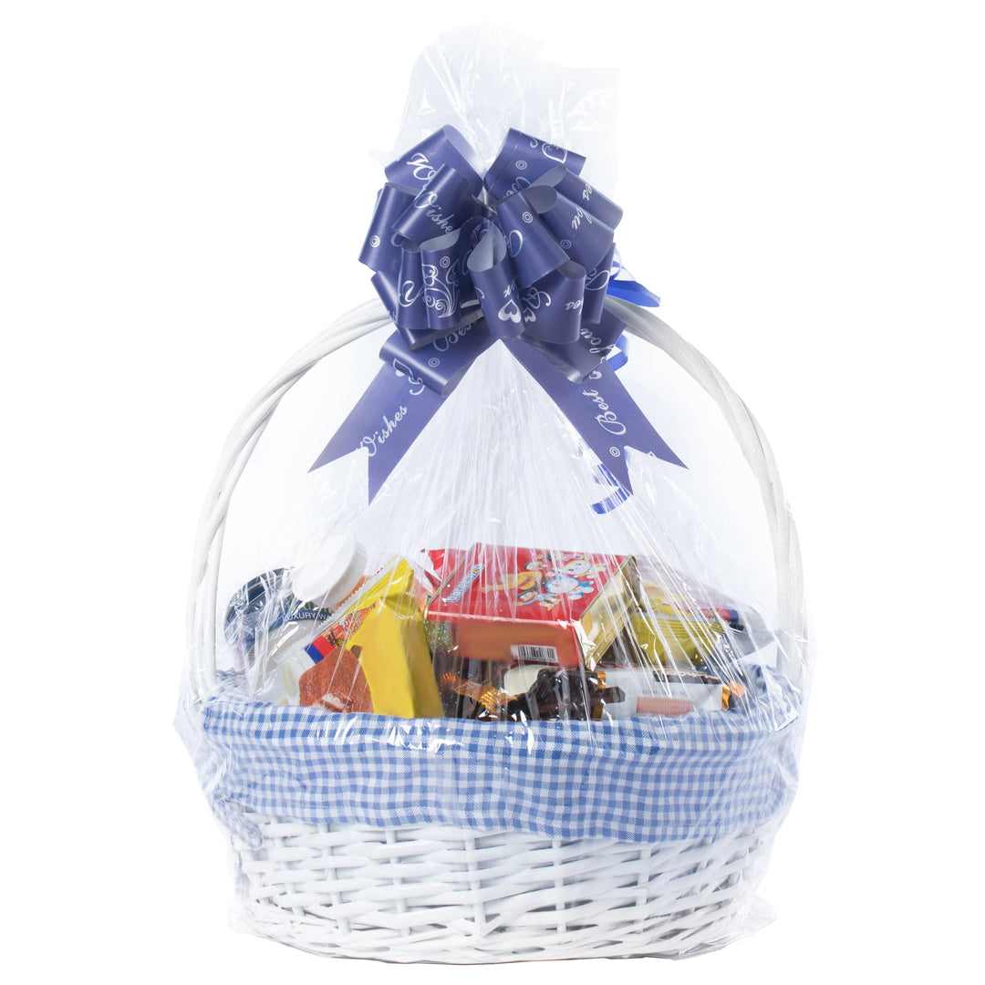 White Round Willow Gift Basket Gingham Liner Handle Large Medium Small Sizes Image 2