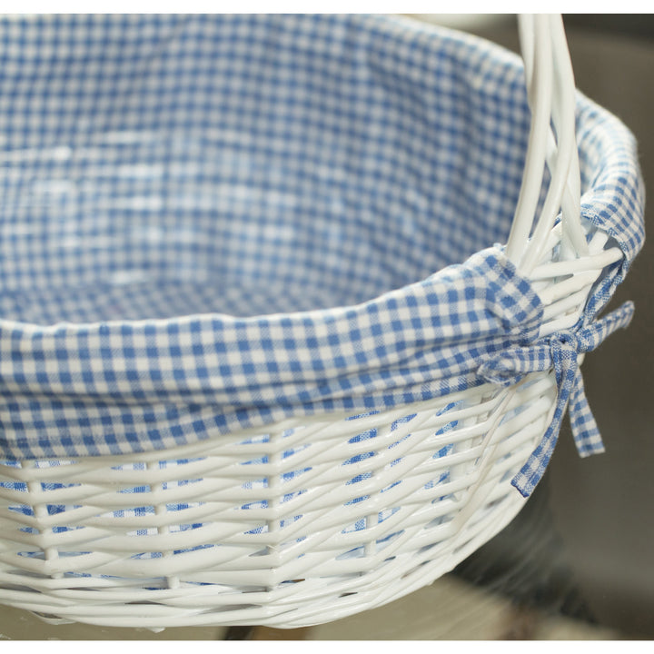 White Round Willow Gift Basket Gingham Liner Handle Large Medium Small Sizes Image 6