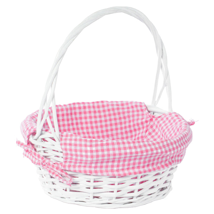 White Round Willow Gift Basket Gingham Liner Handle Large Medium Small Sizes Image 7