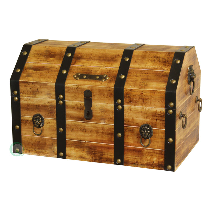 Large Wooden Pirate Treasure Chest Lockable Trunk with Lion Rings 17x11x11.25 Image 1