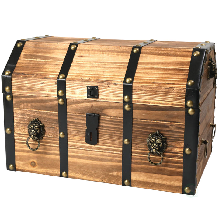 Large Wooden Pirate Treasure Chest Lockable Trunk with Lion Rings 17x11x11.25 Image 2