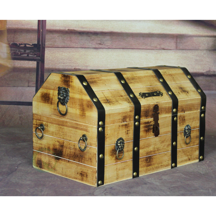 Large Wooden Pirate Treasure Chest Lockable Trunk with Lion Rings 17x11x11.25 Image 3