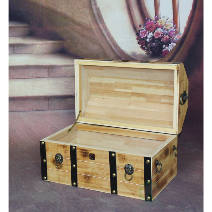 Large Wooden Pirate Treasure Chest Lockable Trunk with Lion Rings 17x11x11.25 Image 5