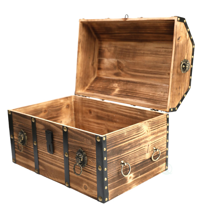 Large Wooden Pirate Treasure Chest Lockable Trunk with Lion Rings 17x11x11.25 Image 6