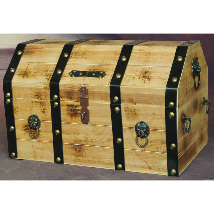 Large Wooden Pirate Treasure Chest Lockable Trunk with Lion Rings 17x11x11.25 Image 8