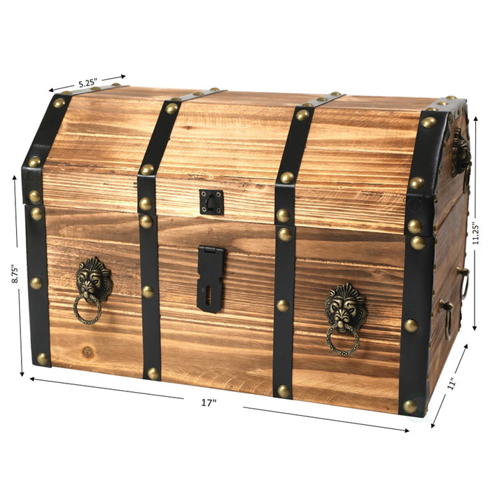 Large Wooden Pirate Treasure Chest Lockable Trunk with Lion Rings 17x11x11.25 Image 12