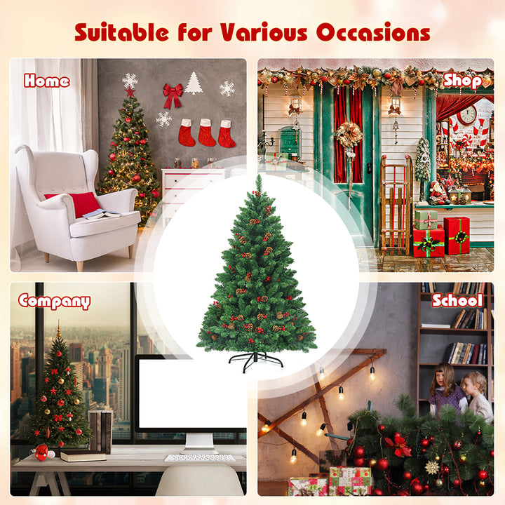 4.5Ft Pre-Lit Artificial Christmas Tree with Sturdy Metal Stand Pine Cones and Red Berries Image 6