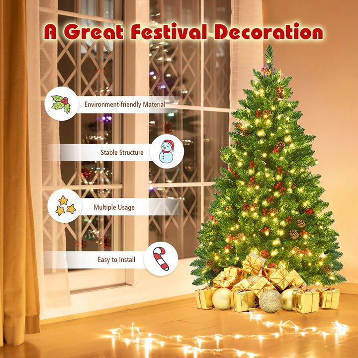 4.5Ft Pre-Lit Artificial Christmas Tree with Sturdy Metal Stand Pine Cones and Red Berries Image 7