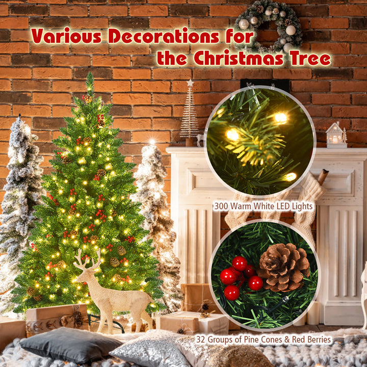 4.5Ft Pre-Lit Artificial Christmas Tree with Sturdy Metal Stand Pine Cones and Red Berries Image 8