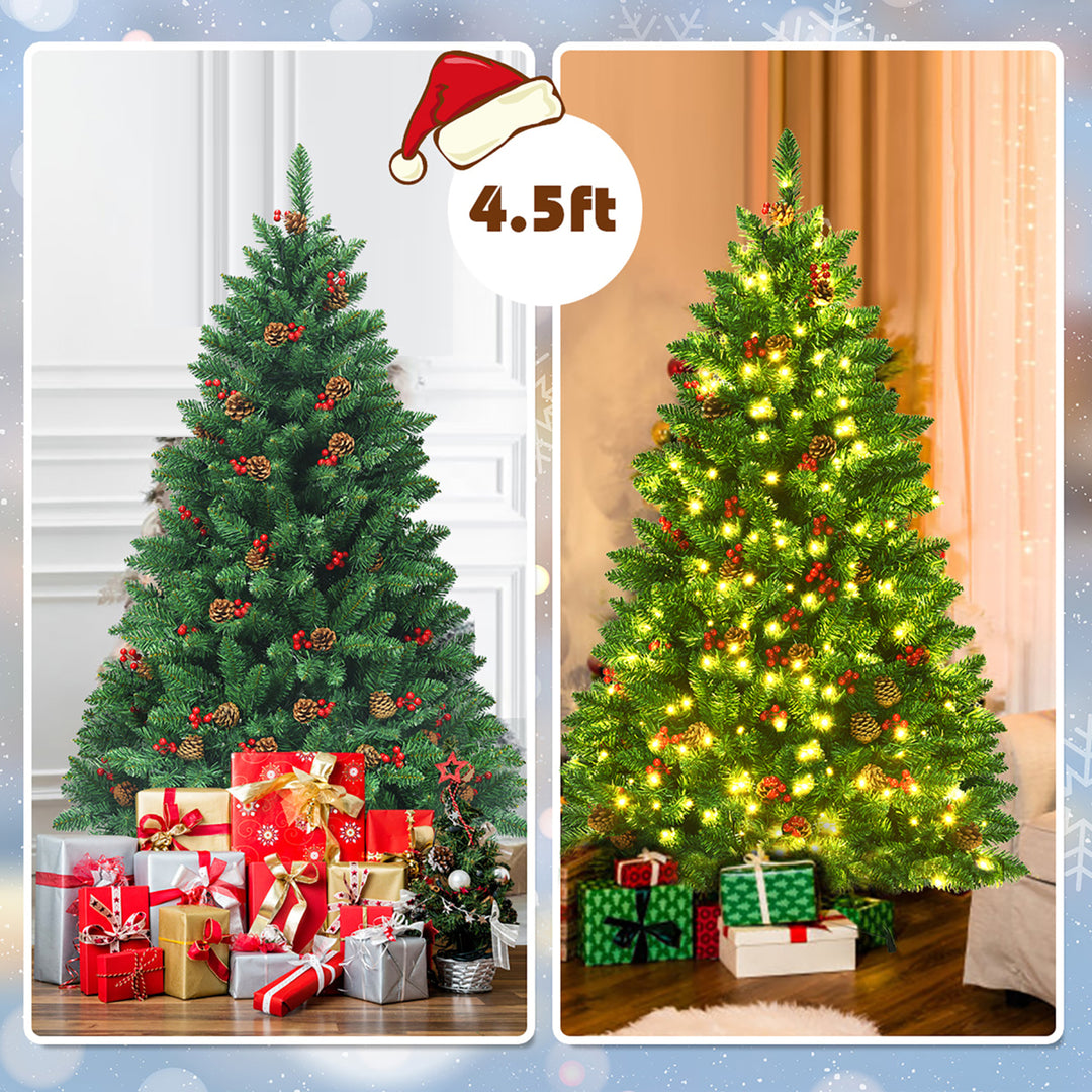 4.5Ft Pre-Lit Artificial Christmas Tree with Sturdy Metal Stand Pine Cones and Red Berries Image 9