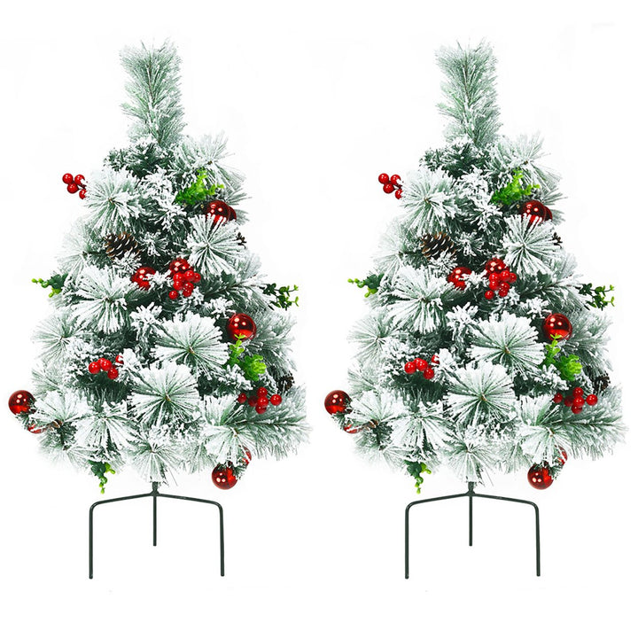 Set of 2 24in Battery Powered Pre-lit Pathway Flocked Christmas Trees Outdoor Image 1