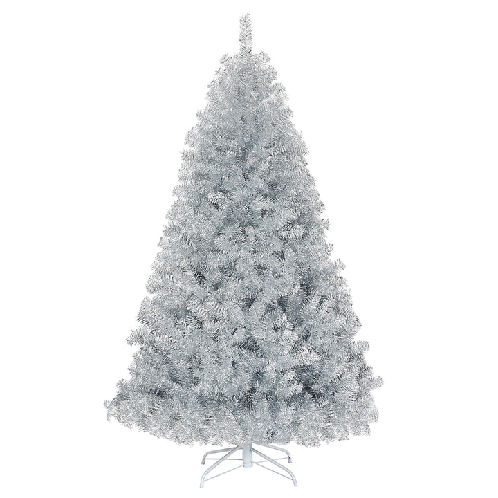 6Ft Hinged Unlit Artificial Silver Tinsel Christmas Tree Holiday w/Metal Stand Image 1