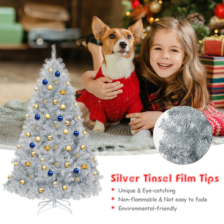 6Ft Hinged Unlit Artificial Silver Tinsel Christmas Tree Holiday w/Metal Stand Image 9