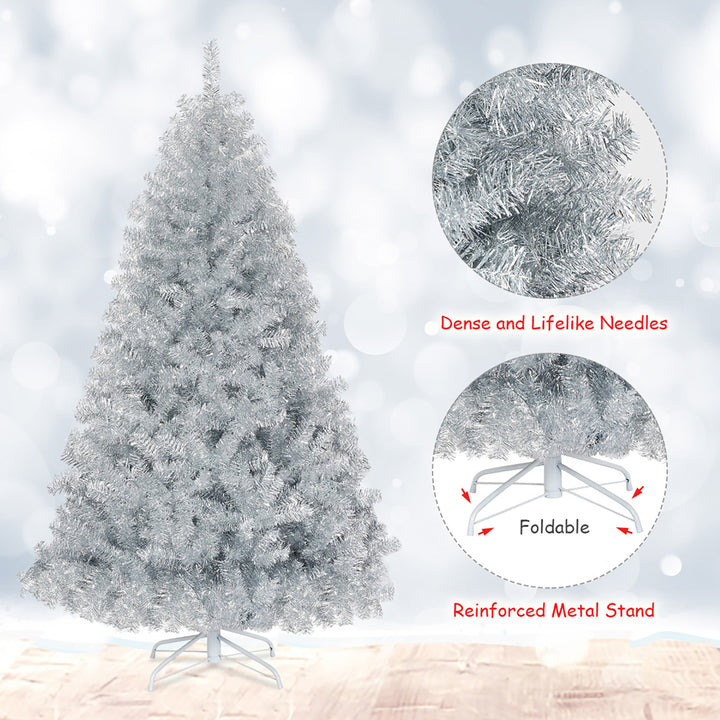 6Ft Hinged Unlit Artificial Silver Tinsel Christmas Tree Holiday w/Metal Stand Image 10