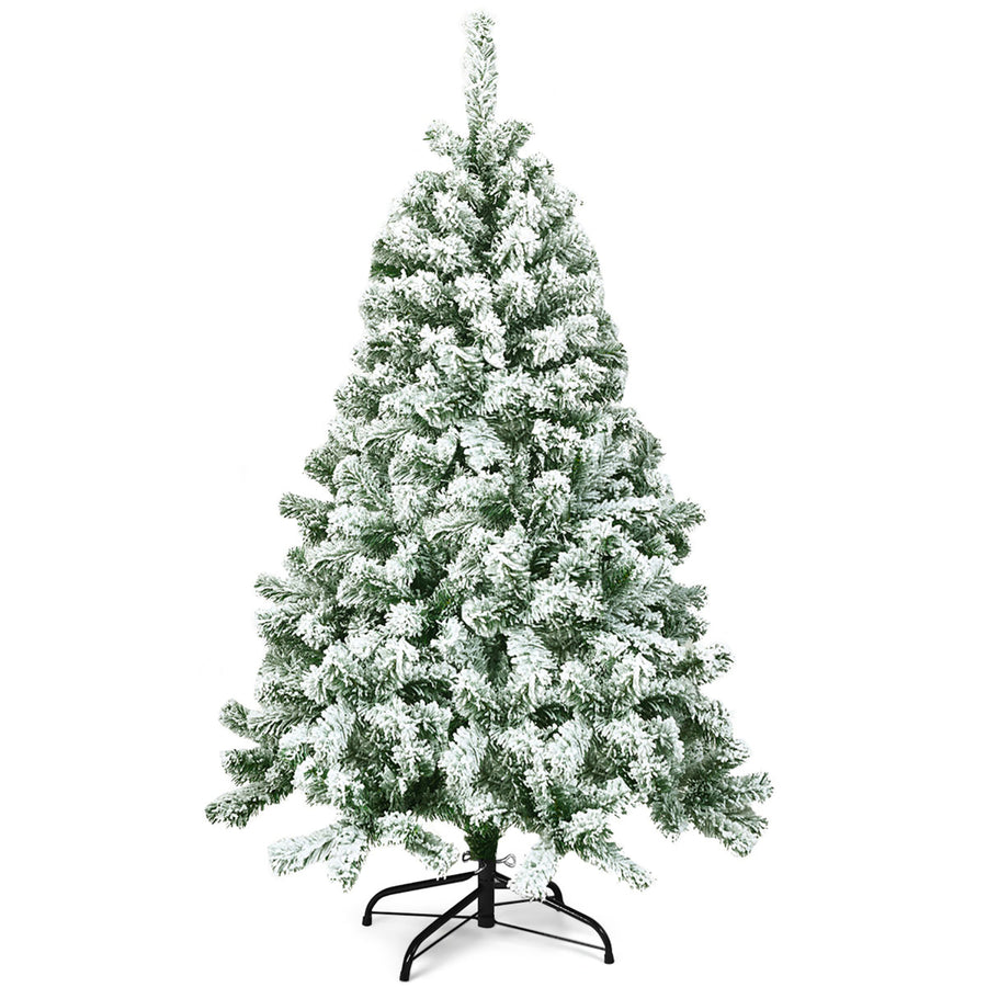 4.5FT Artificial Hinged Christmas Tree Snow Flocked Pine Tree w/400 Tips and Foldable Base Image 1