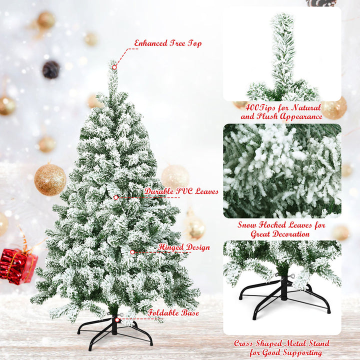 4.5FT Artificial Hinged Christmas Tree Snow Flocked Pine Tree w/400 Tips and Foldable Base Image 8