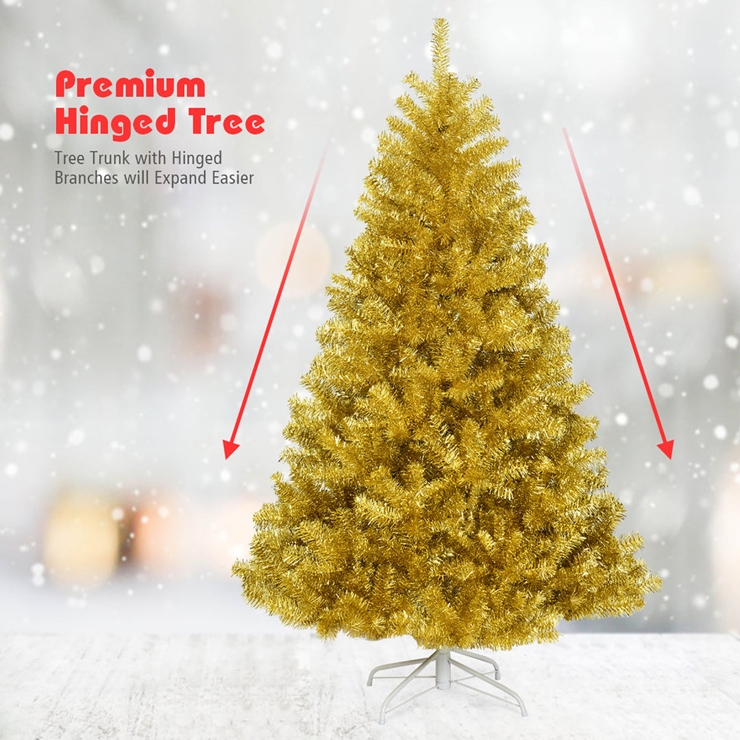 6ft Artificial Tinsel Christmas Tree Hinged w/1036 Tips Foldable Stand Champagne Image 7