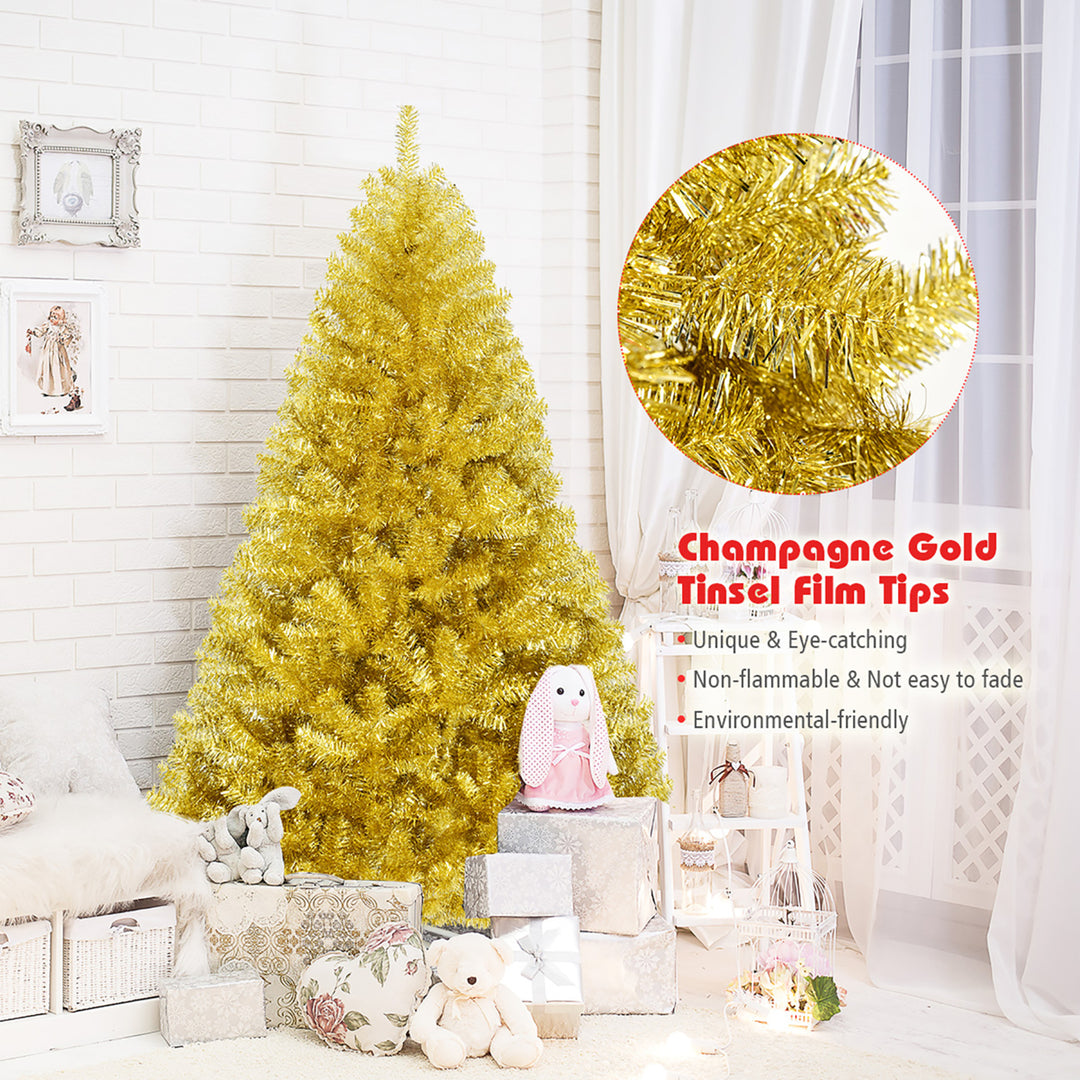 6ft Artificial Tinsel Christmas Tree Hinged w/1036 Tips Foldable Stand Champagne Image 8