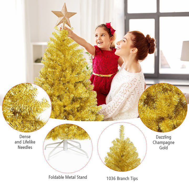 6ft Artificial Tinsel Christmas Tree Hinged w/1036 Tips Foldable Stand Champagne Image 10