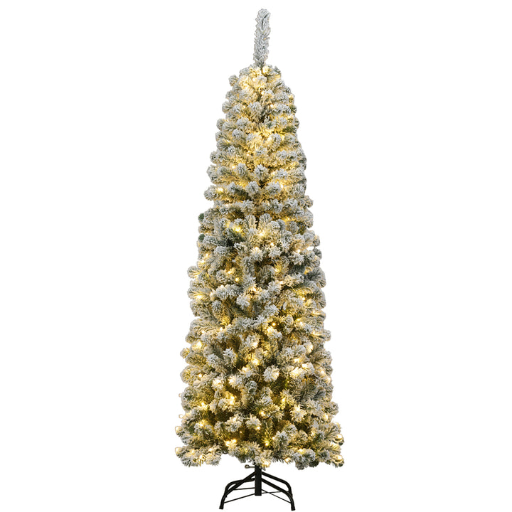 6Ft Pre-lit Snow Flocked Artificial Pencil Christmas Pine Tree w/ 250 LED Lights Image 1