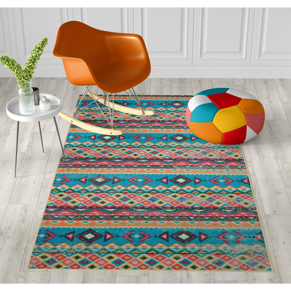 Deerlux Boho Living Room Area Rug with Nonslip Backing, Turquoise Aztec Pattern Image 2