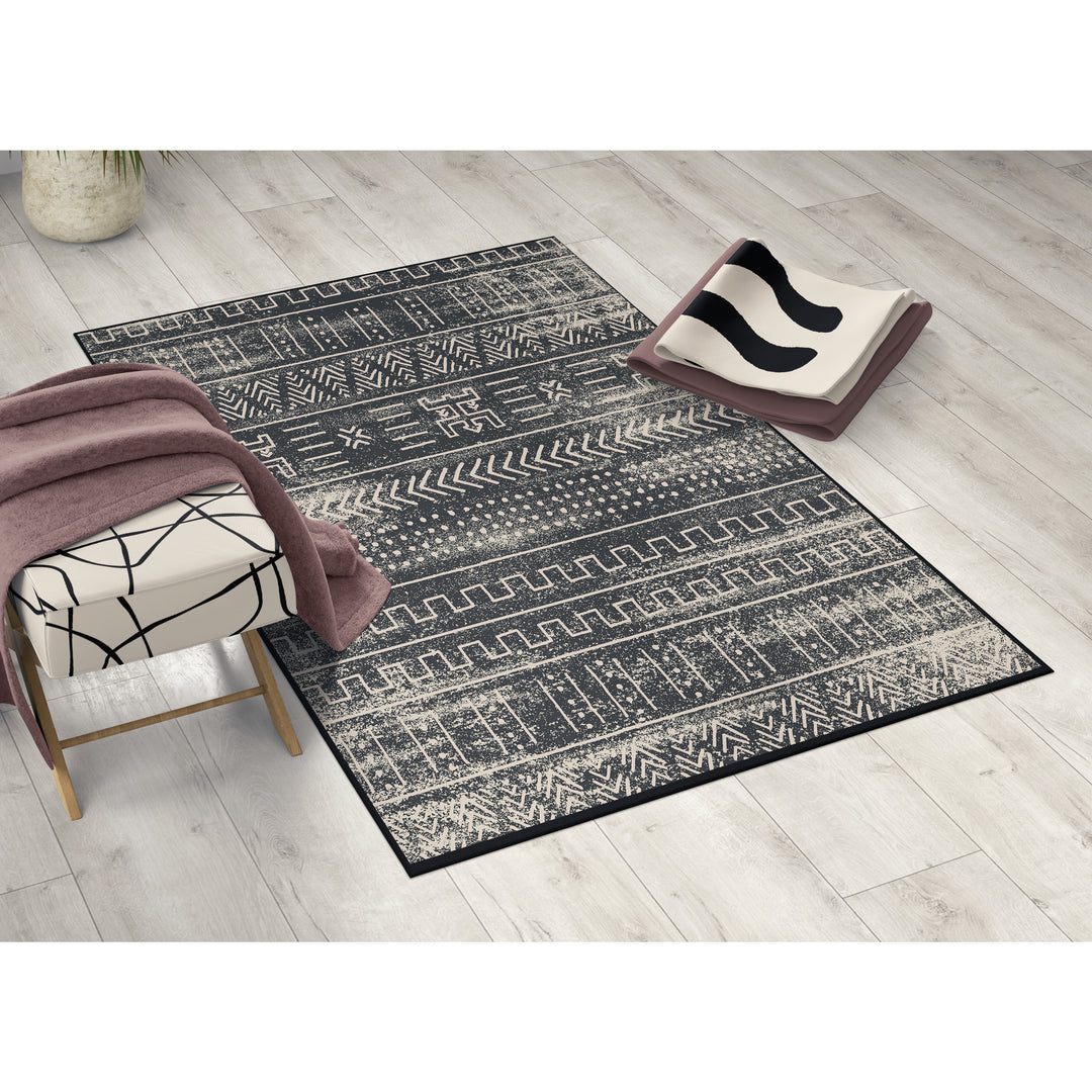 Deerlux Boho Living Room Area Rug with Nonslip Backing, Black Tribal Pattern Image 2