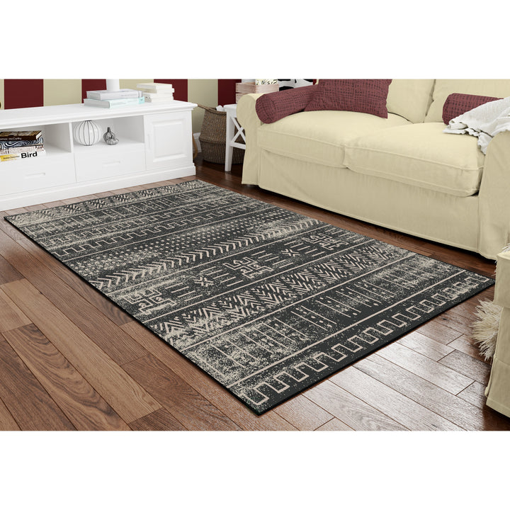 Deerlux Boho Living Room Area Rug with Nonslip Backing, Black Tribal Pattern Image 3