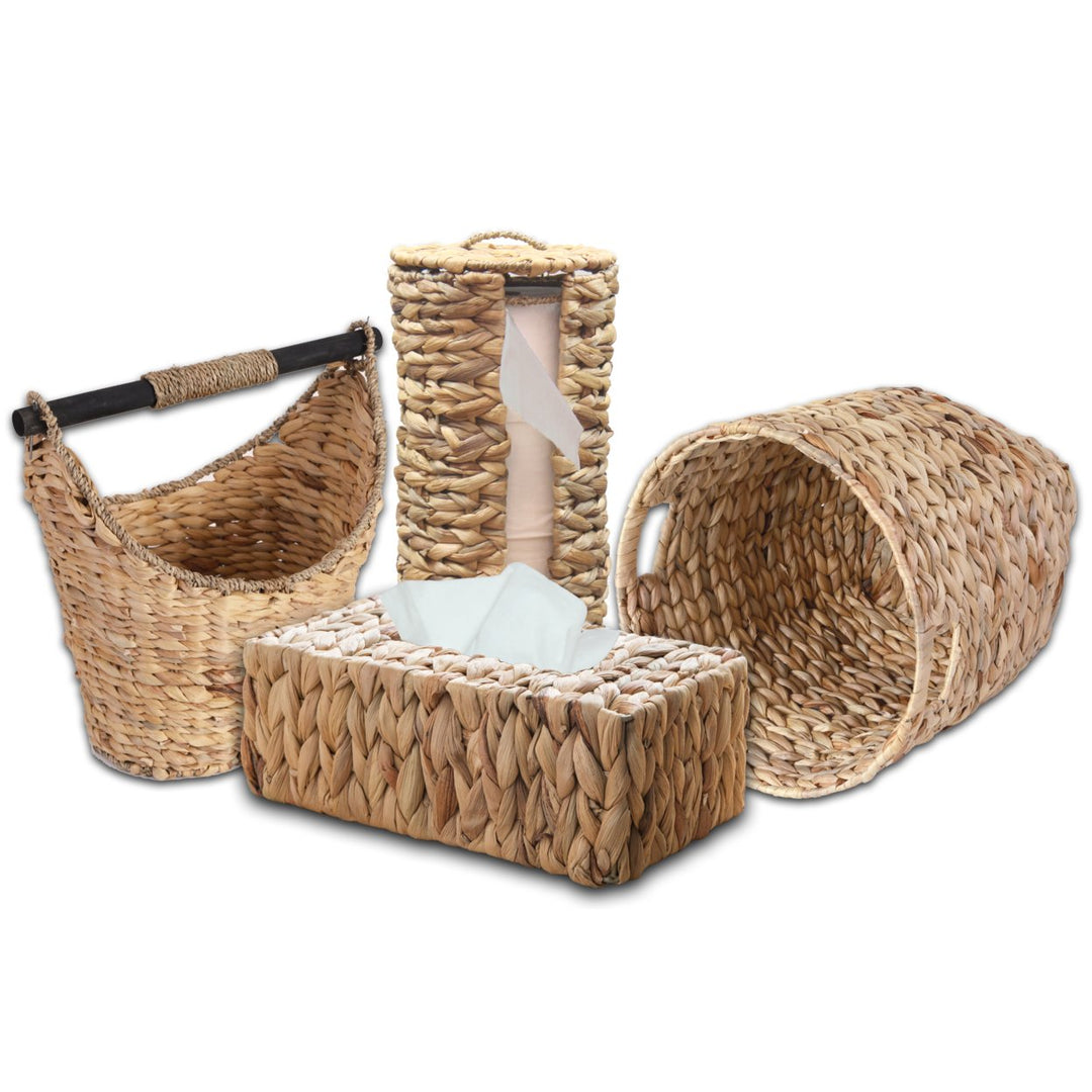 Rustic Water Hyacinth Vanity Bathroom Set, Set of 4 - Magazine Basket, Tissue Roll Holder, Tissue Box Cover, and Image 1