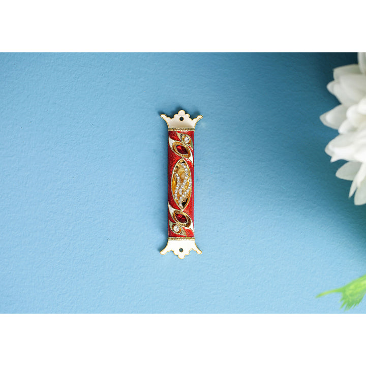 4.5" Hand Painted Enamel Mezuzah Embellished with a Royal Red Design with Gold Accents and fine Red and Clear Crystals Image 4