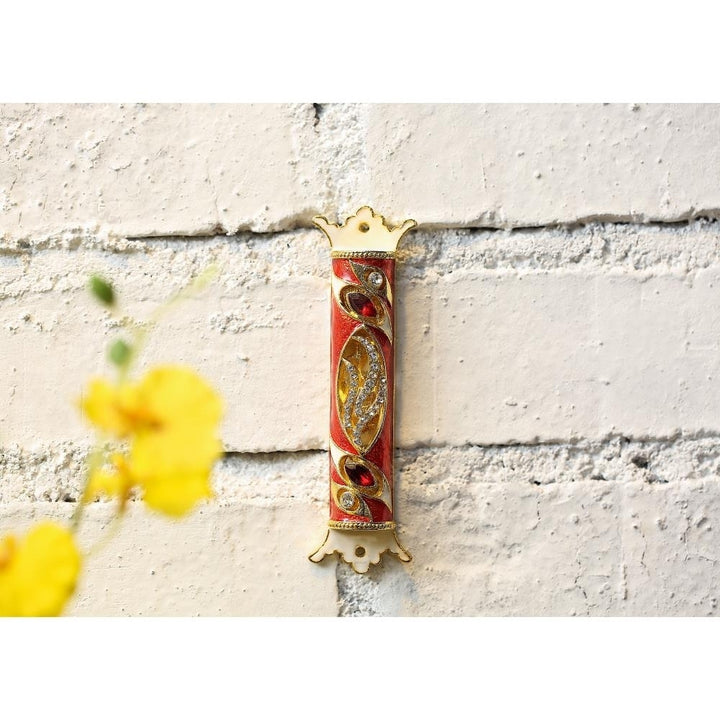 4.5" Hand Painted Enamel Mezuzah Embellished with a Royal Red Design with Gold Accents and fine Red and Clear Crystals Image 5