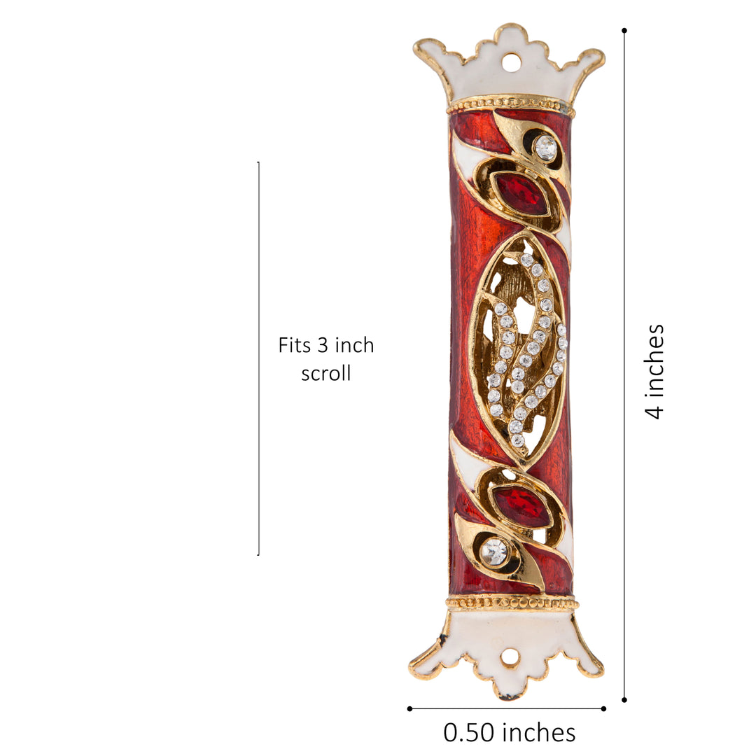 4.5" Hand Painted Enamel Mezuzah Embellished with a Royal Red Design with Gold Accents and fine Red and Clear Crystals Image 6