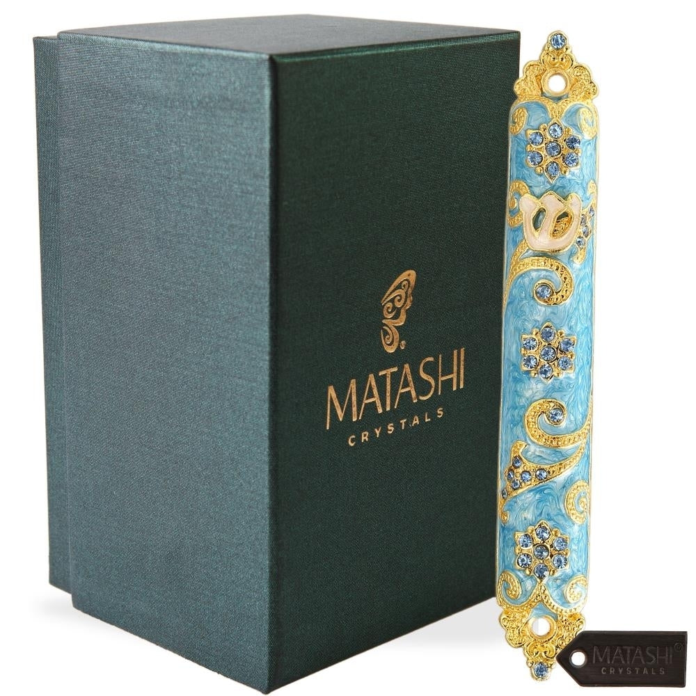 4.5" Hand Painted Enamel Mezuzah Embellished with a Rich Blue Judaica Design Gold Accents and fine Crystals by Matashi Image 1