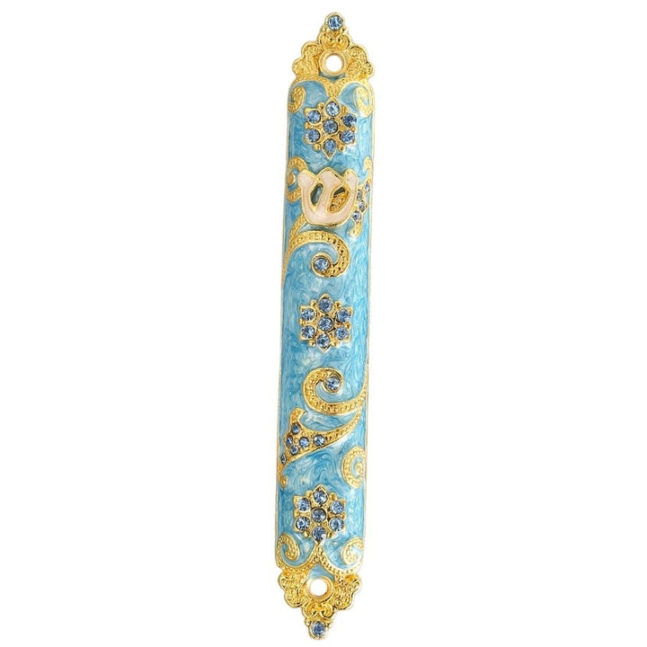 4.5" Hand Painted Enamel Mezuzah Embellished with a Rich Blue Judaica Design Gold Accents and fine Crystals by Matashi Image 2