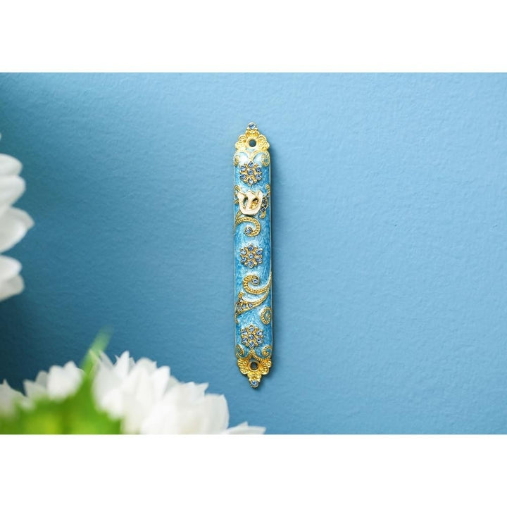 4.5" Hand Painted Enamel Mezuzah Embellished with a Rich Blue Judaica Design Gold Accents and fine Crystals by Matashi Image 3