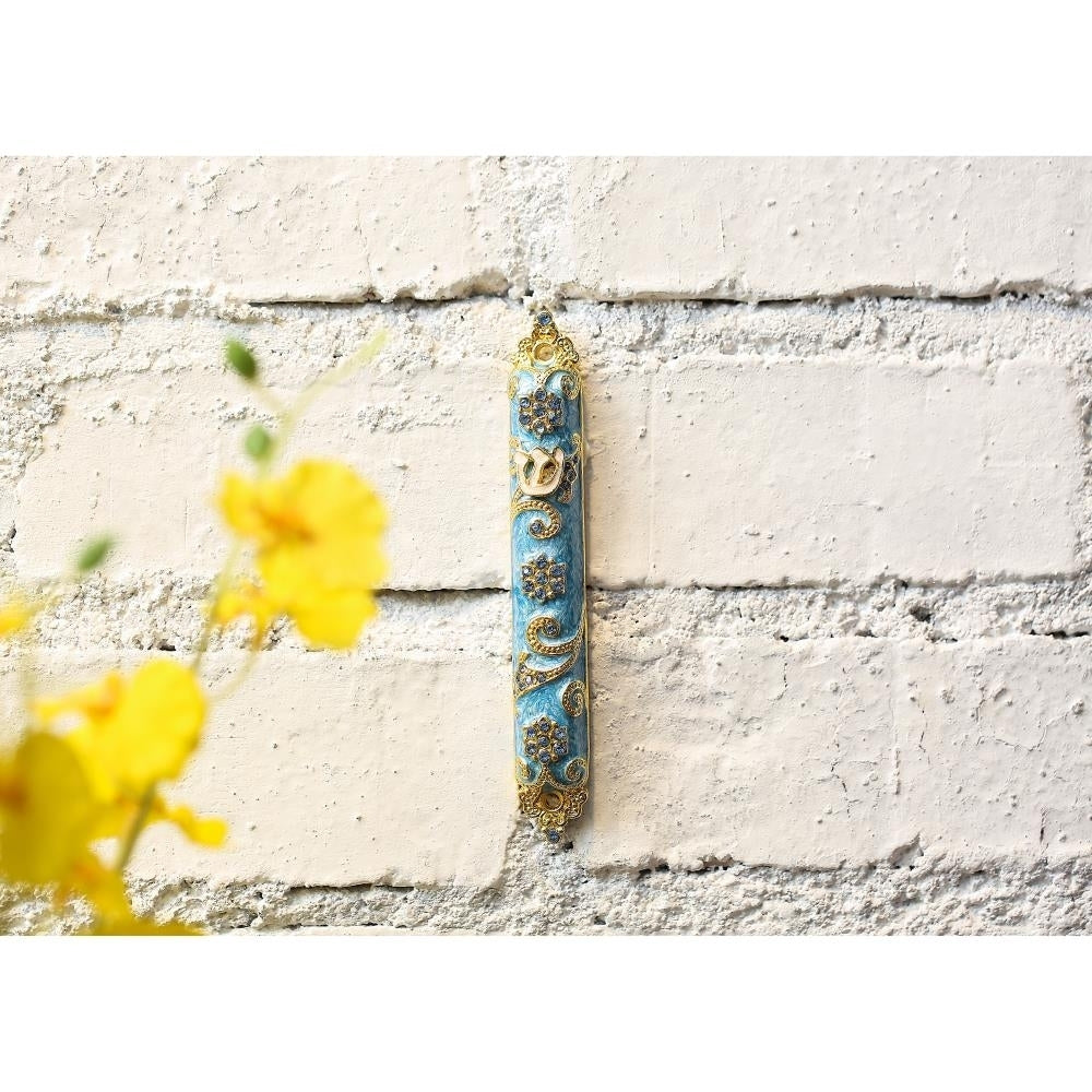 4.5" Hand Painted Enamel Mezuzah Embellished with a Rich Blue Judaica Design Gold Accents and fine Crystals by Matashi Image 4