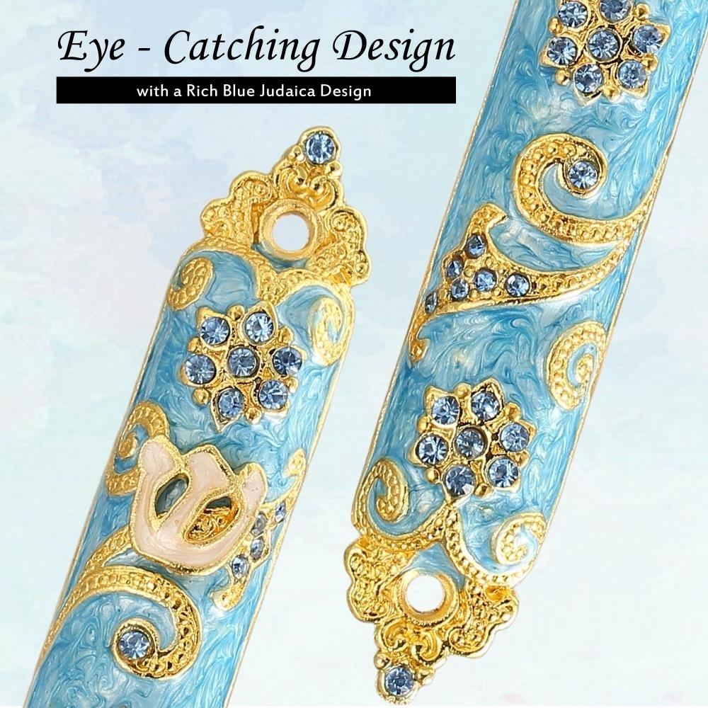 4.5" Hand Painted Enamel Mezuzah Embellished with a Rich Blue Judaica Design Gold Accents and fine Crystals by Matashi Image 5