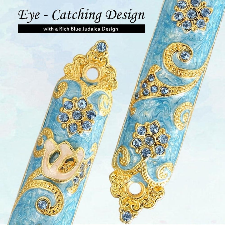 4.5" Hand Painted Enamel Mezuzah Embellished with a Rich Blue Judaica Design Gold Accents and fine Crystals by Matashi Image 5