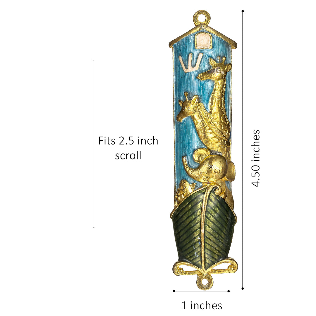 Hand Painted Blue Enamel Noahs Ark Mezuzah with Gold Accents and fine Crystals by Matashi Image 7