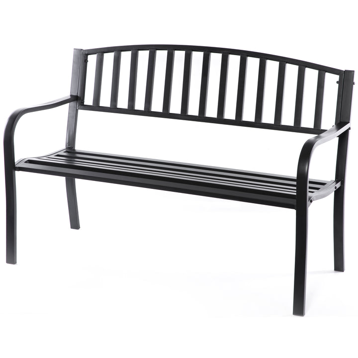 Steel Garden Bench Cast Iron Frame Black Patio Seating 3 Person 500 lbs Capacity Image 1