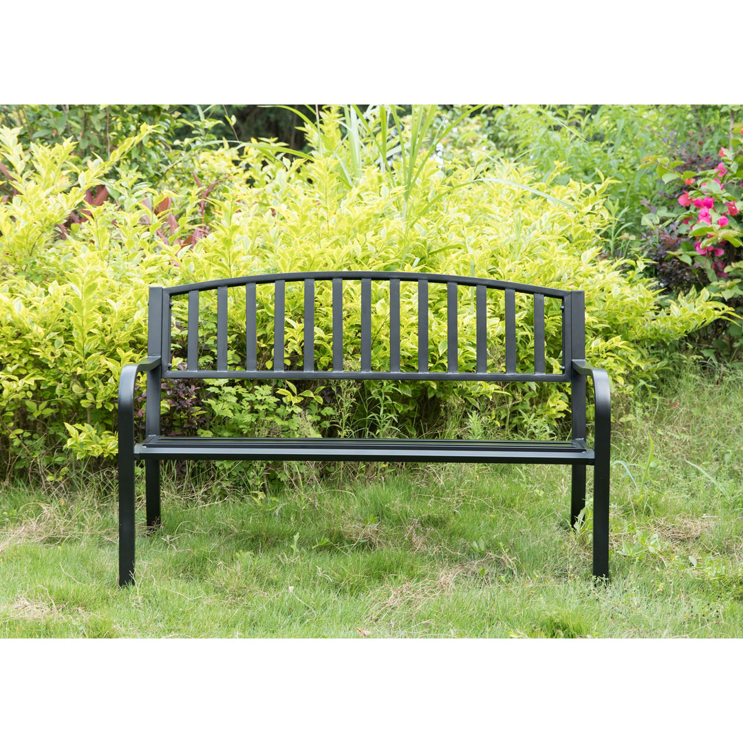 Steel Garden Bench Cast Iron Frame Black Patio Seating 3 Person 500 lbs Capacity Image 2