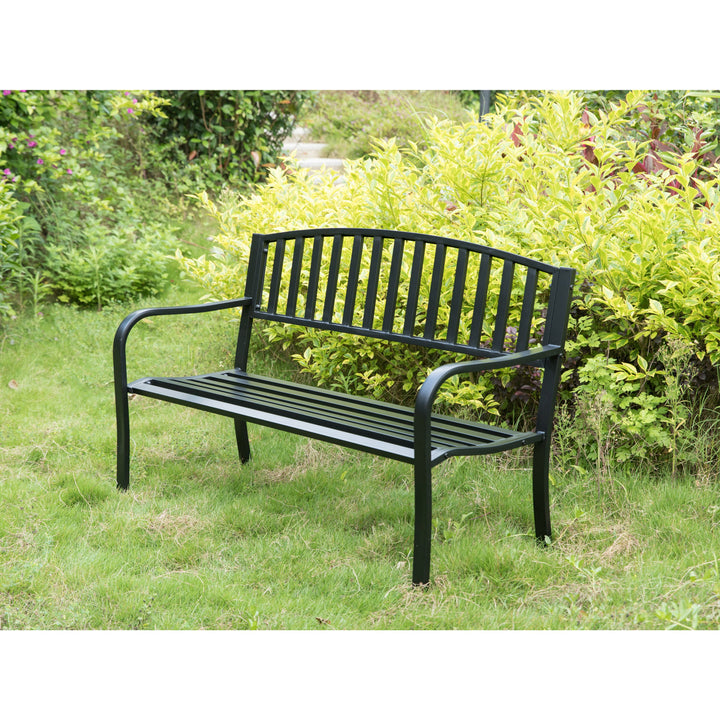 Steel Garden Bench Cast Iron Frame Black Patio Seating 3 Person 500 lbs Capacity Image 3