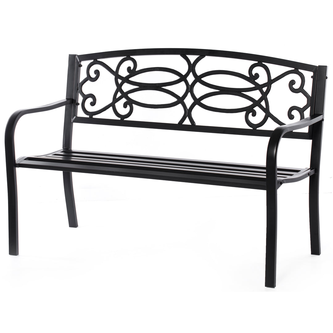 Steel Outdoor Patio Garden Bench with Cast Iron Backrest Seats 3 500 lb Capacity Image 1