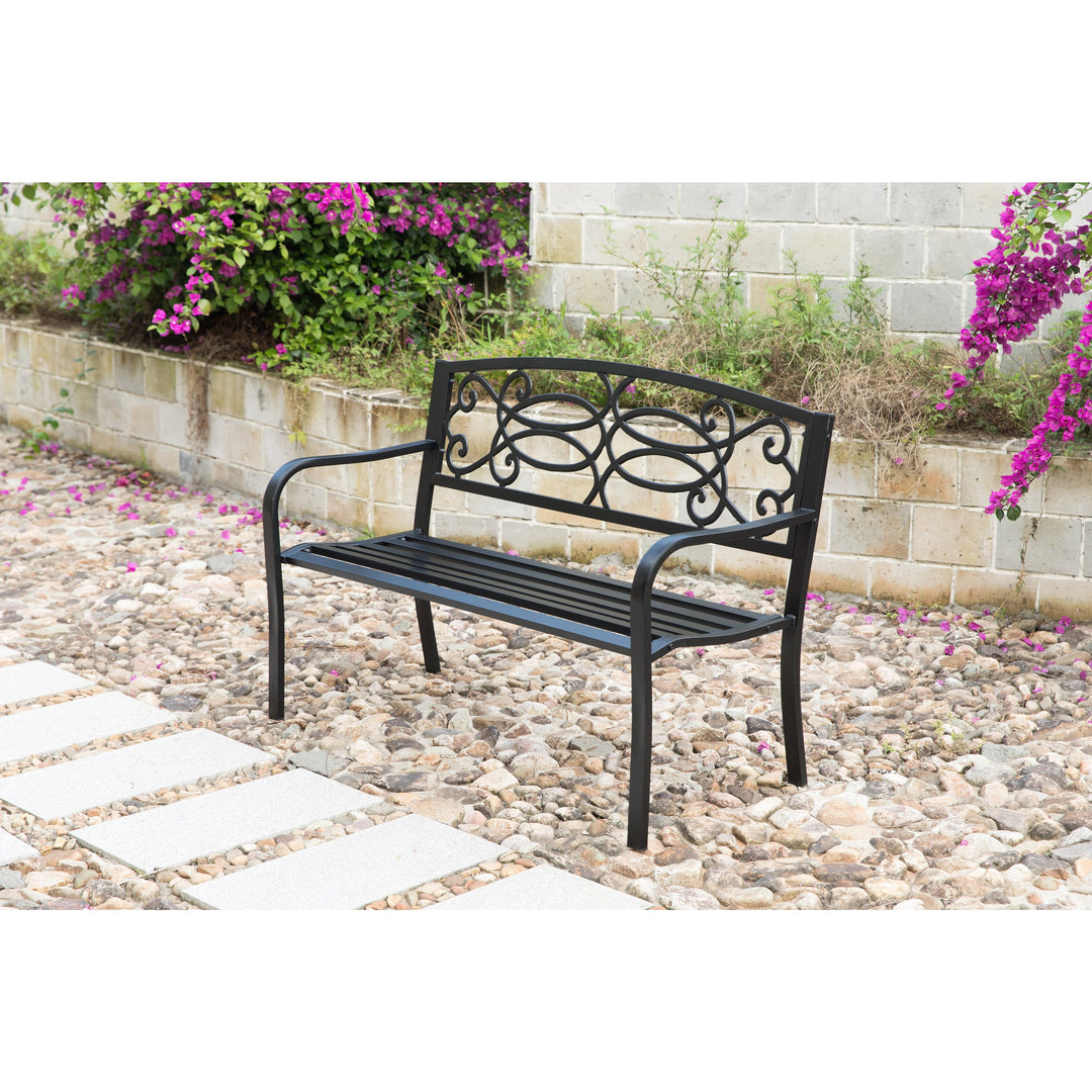 Steel Outdoor Patio Garden Bench with Cast Iron Backrest Seats 3 500 lb Capacity Image 3